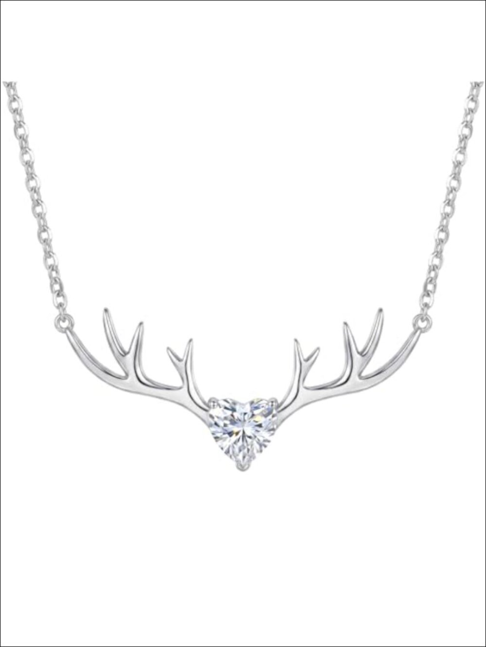 Deer Antler Pendant Necklace 925 Sterling Silver Plated 18K White Gold Heart